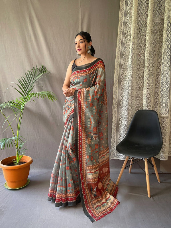 Preferable Grey Color Color Pure Cotton Lilen With Digital Printed Designer Saree