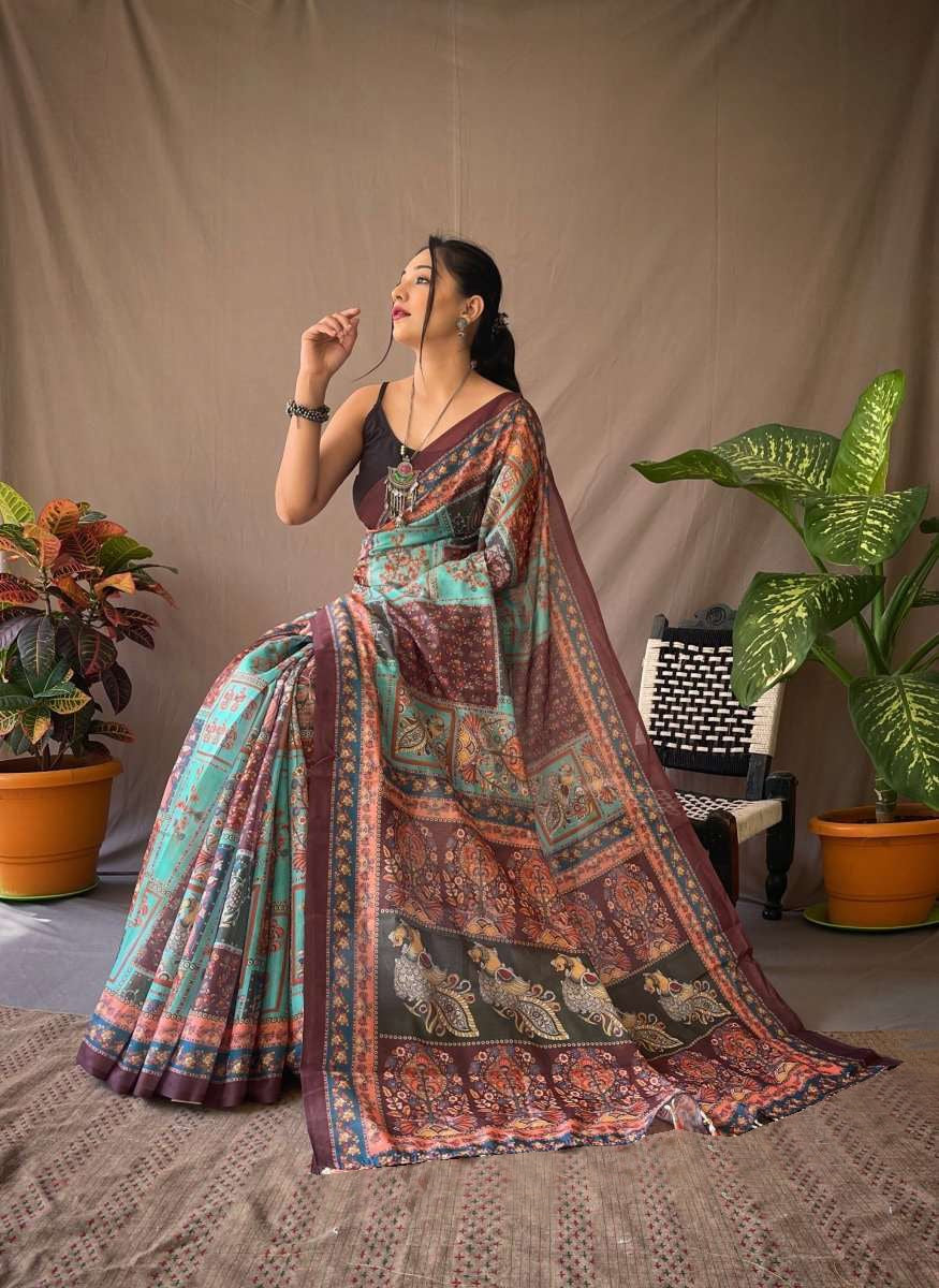 Fantastic Multi Color Color Pure Cotton Lilen With Digital Printed Designer Saree