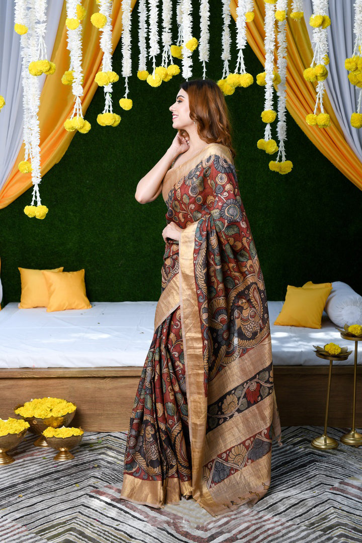 Exclusive Maroon Color Color Pure Cotton Lilen With Digital Printed Designer Saree