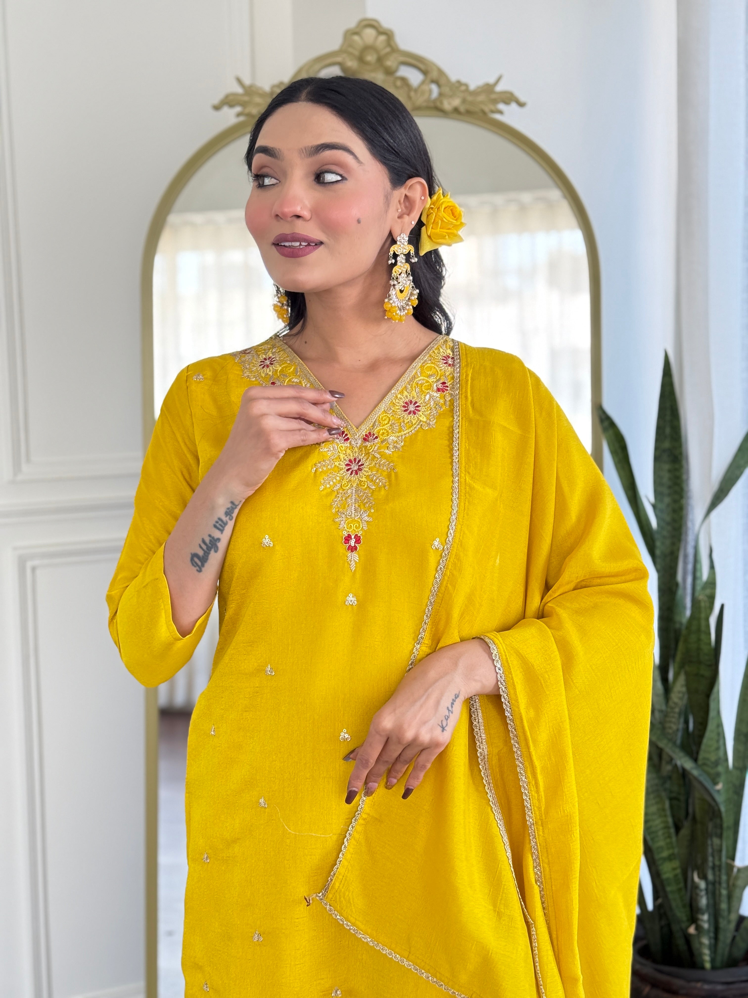 Festive Wear Yellow Color Vichitra With Embroidery Work 3 Piece Kurta Set