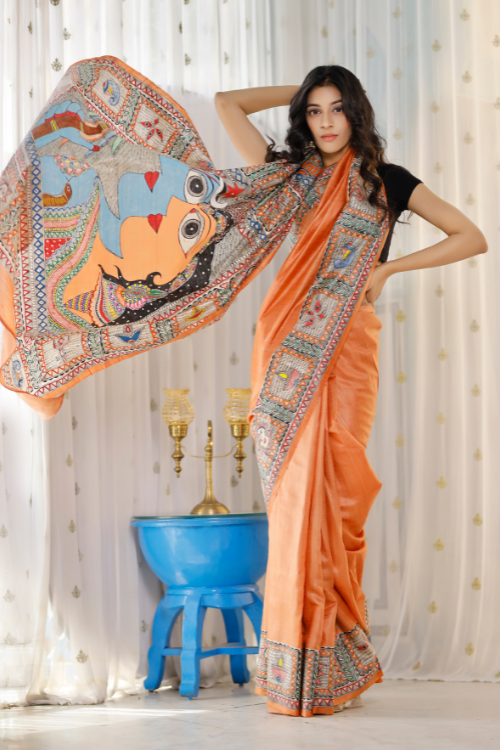 Pretty Orange Color Color Pure Cotton Lilen With Digital Printed Designer Saree