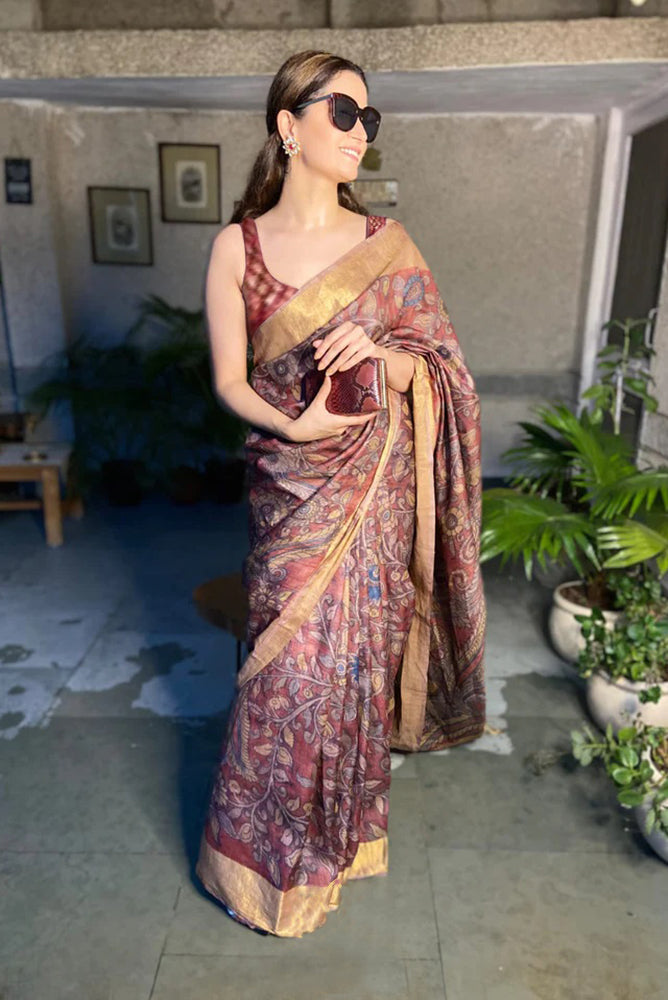 Embellished Maroon Color Color Pure Cotton Lilen With Digital Printed Designer Saree