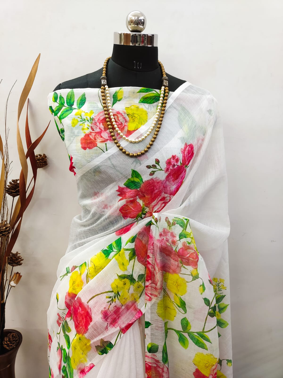 Marvelous White Color Color Pure Cotton Lilen With Digital Printed Designer Saree