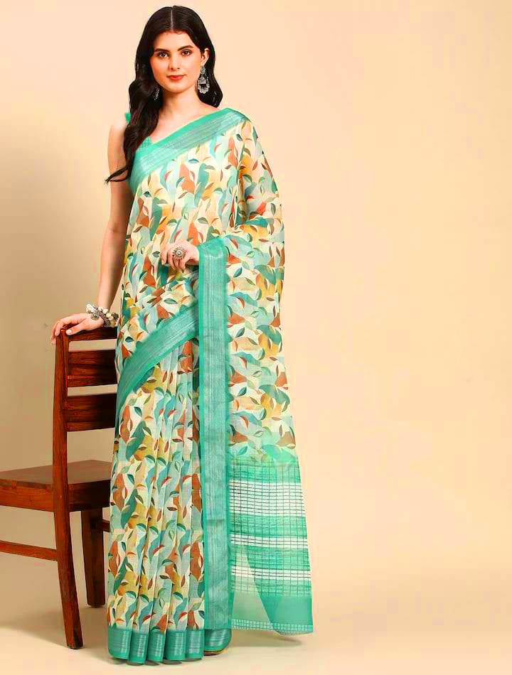 Trendy Green Color Color Pure Cotton Lilen With Digital Printed Designer Saree