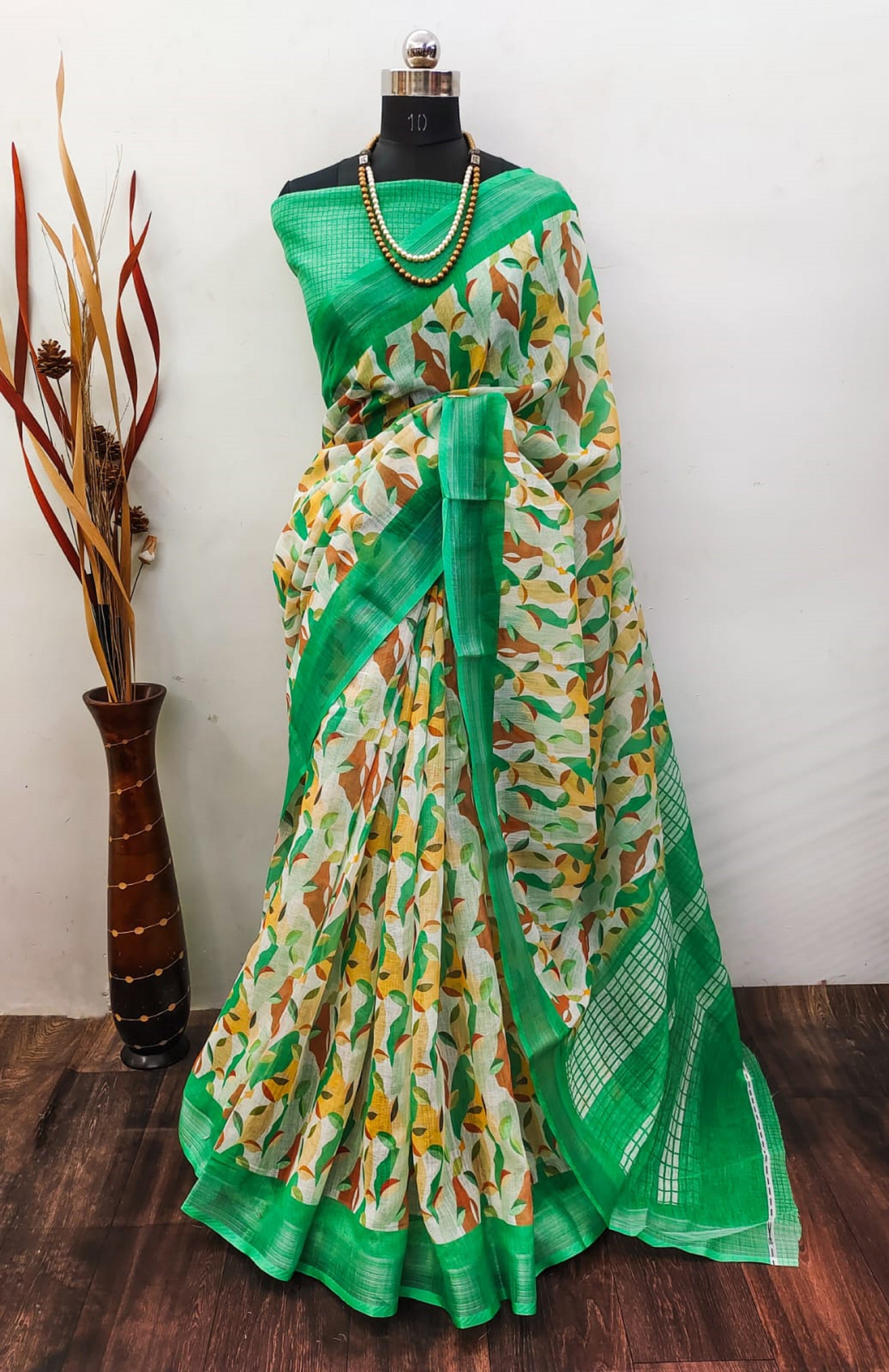 Trendy Green Color Color Pure Cotton Lilen With Digital Printed Designer Saree