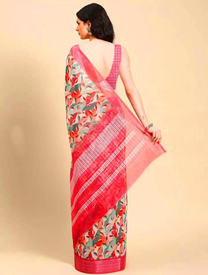 Mesmerizing Pink Color Color Pure Cotton Lilen With Digital Printed Designer Saree