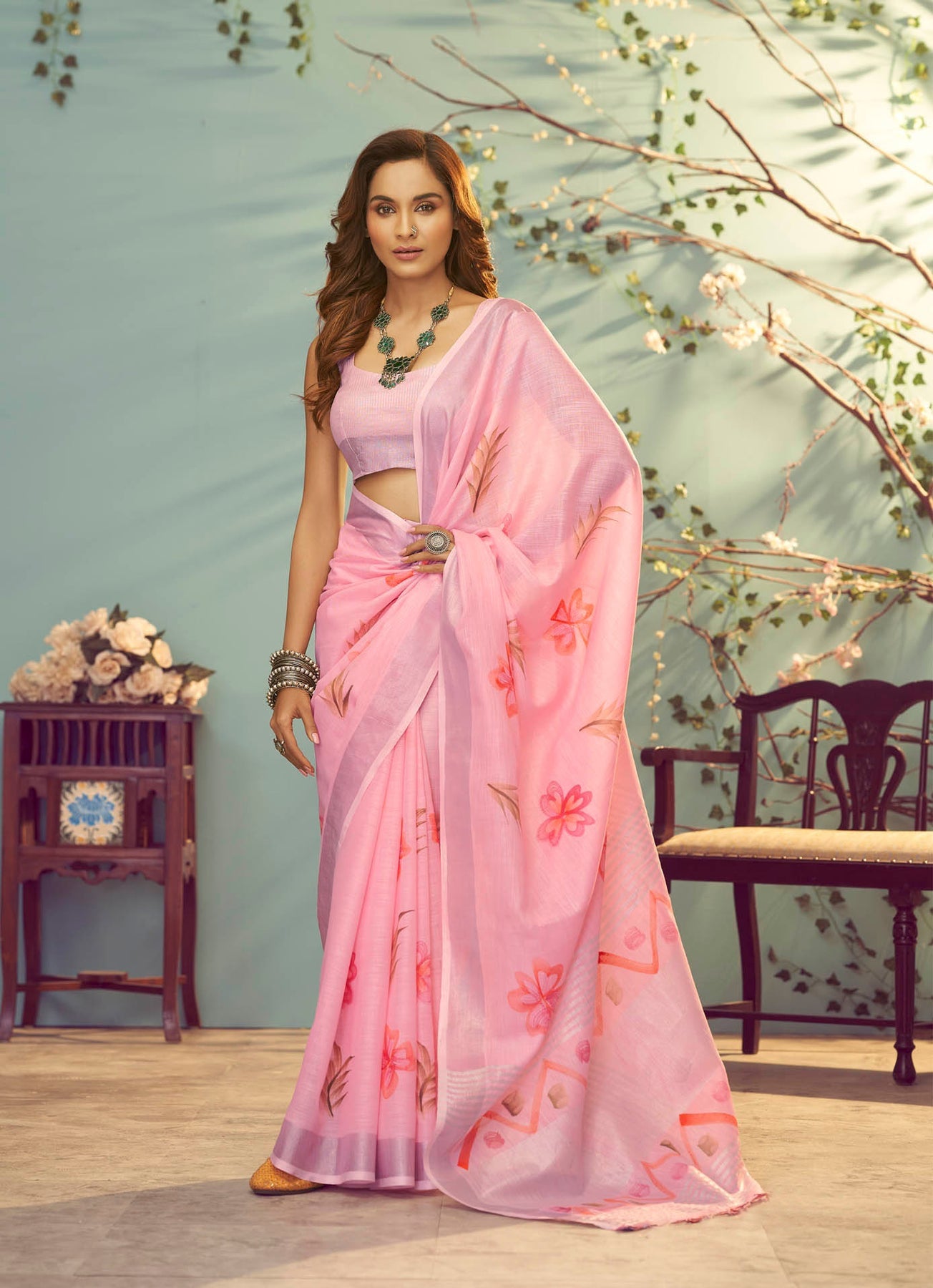 Stylish Baby Pink Color Color Pure Cotton Lilen With Digital Printed Designer Saree