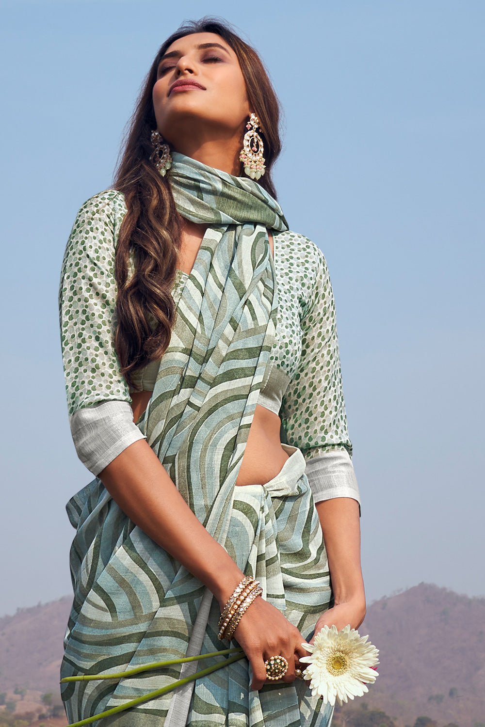 Fabulous Aqua Green Color Color Pure Cotton Lilen With Digital Printed Designer Saree