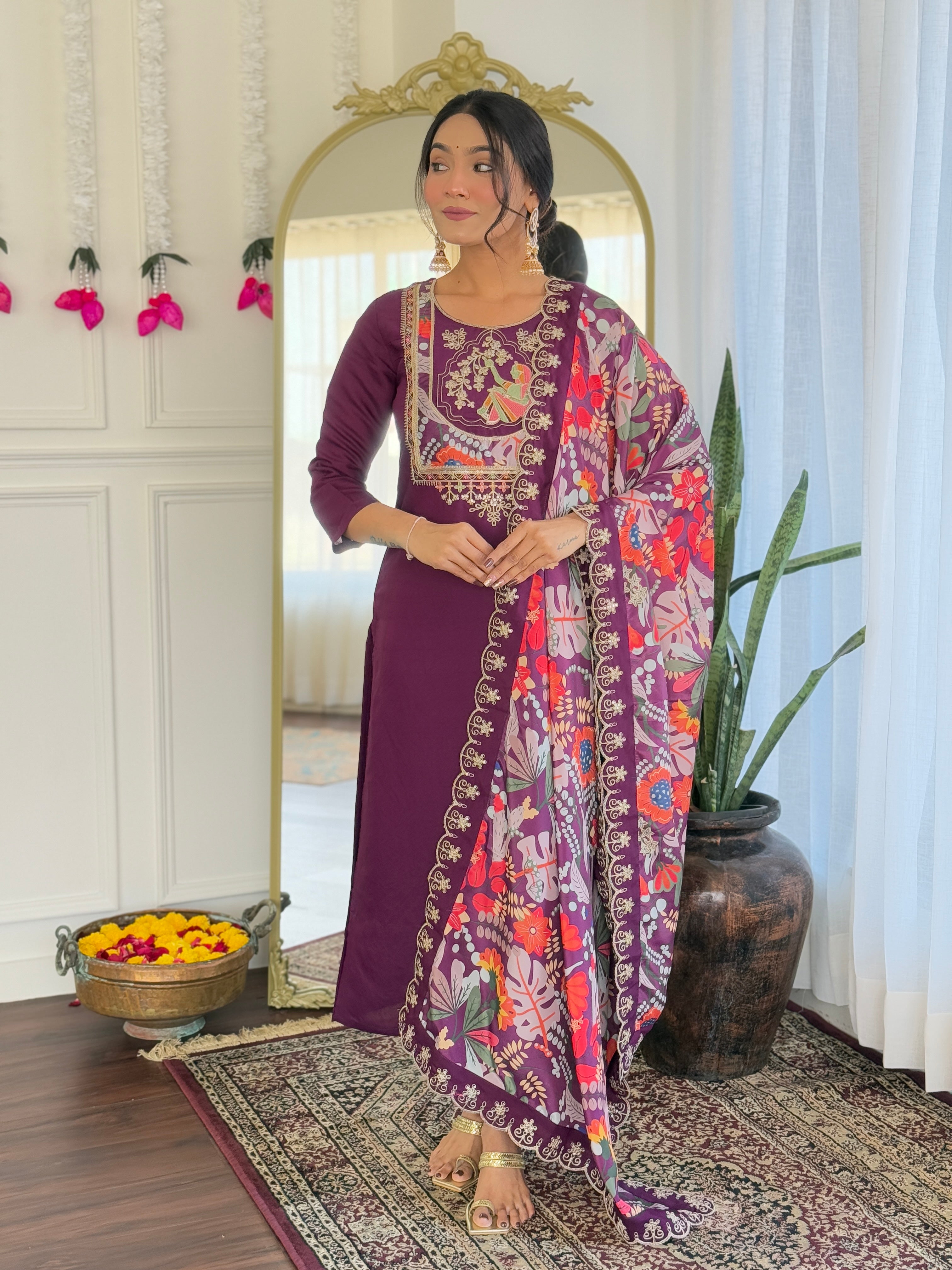 Stunning Wine Color Viscose Chanderi With Embroidery Work Designer kurta Set