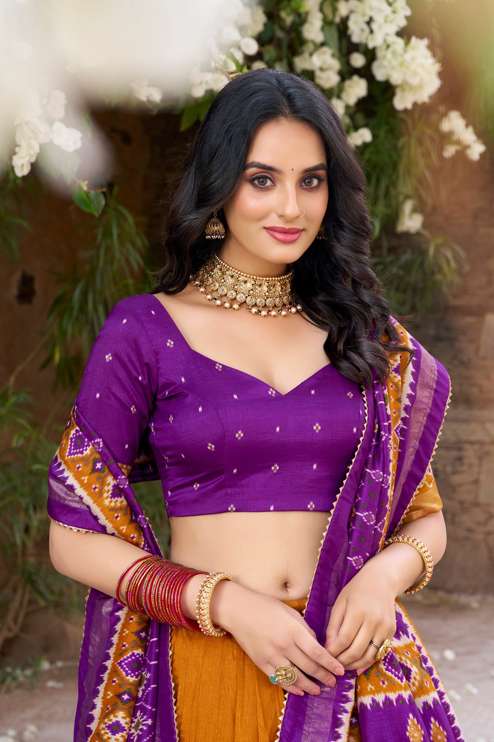 Traditional Wear Mustard Color Tussar Silk With Heavy Patola Printed Designer Lehenga Choli