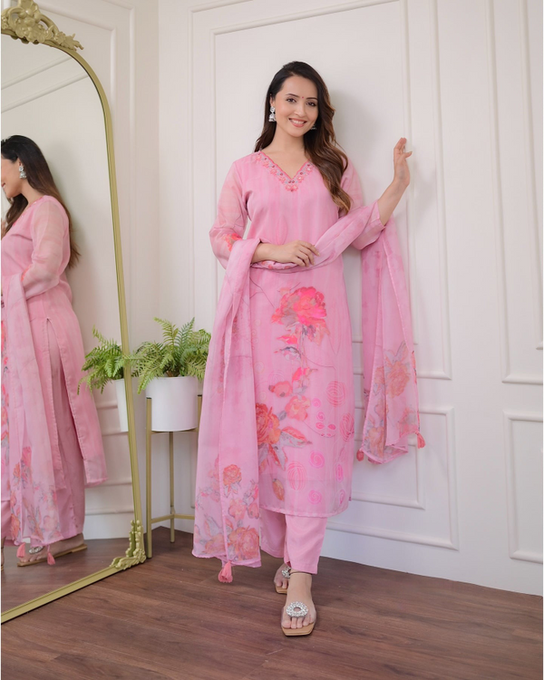 Party Wear Light Pink Color Premium Organza With Embroidery Work Kurta Set