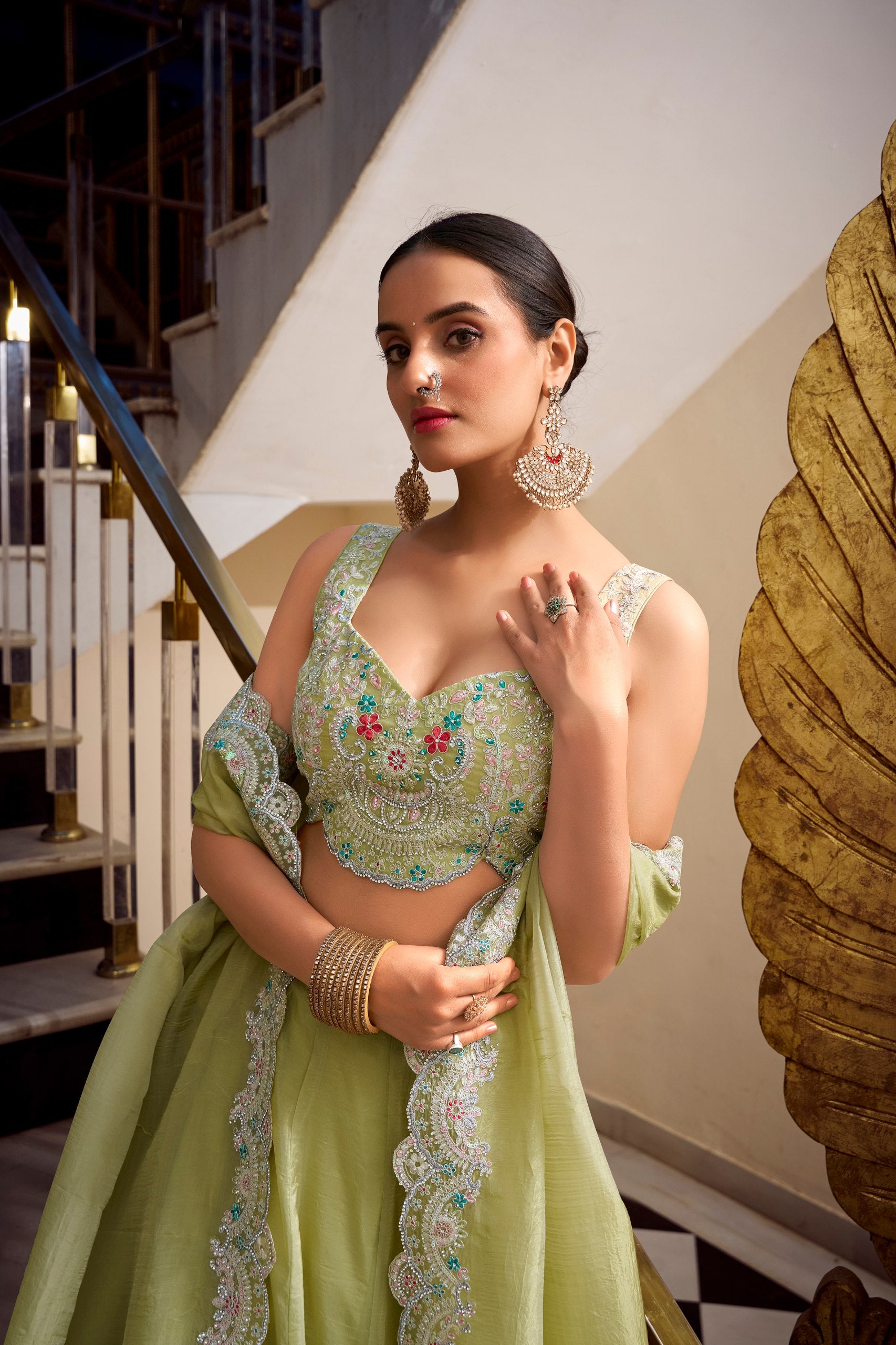 Luxuriant Green Color Gold Crush Lehenga With Sequins And Thread Embroidery With Jarkan Diamond Work Blouse