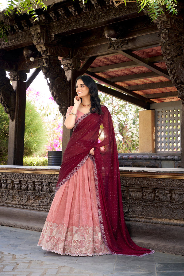Elegant Peach Color Silver Glosy Sequins And Thread Embroidery Work With Hotfix Designer Lehenga Choli