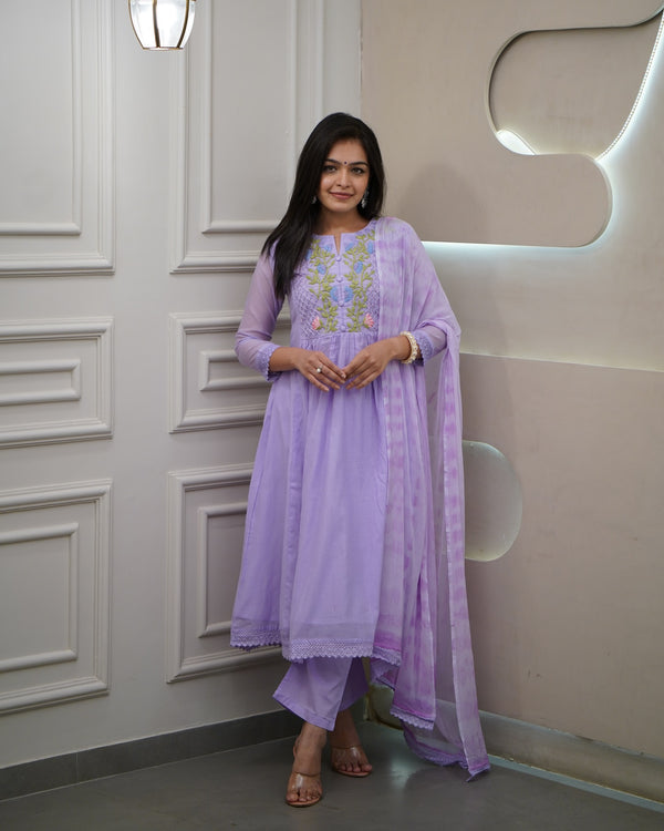 Eyes Catching Lavender Color Georgette With Embroidery Work Designer Kurta Set
