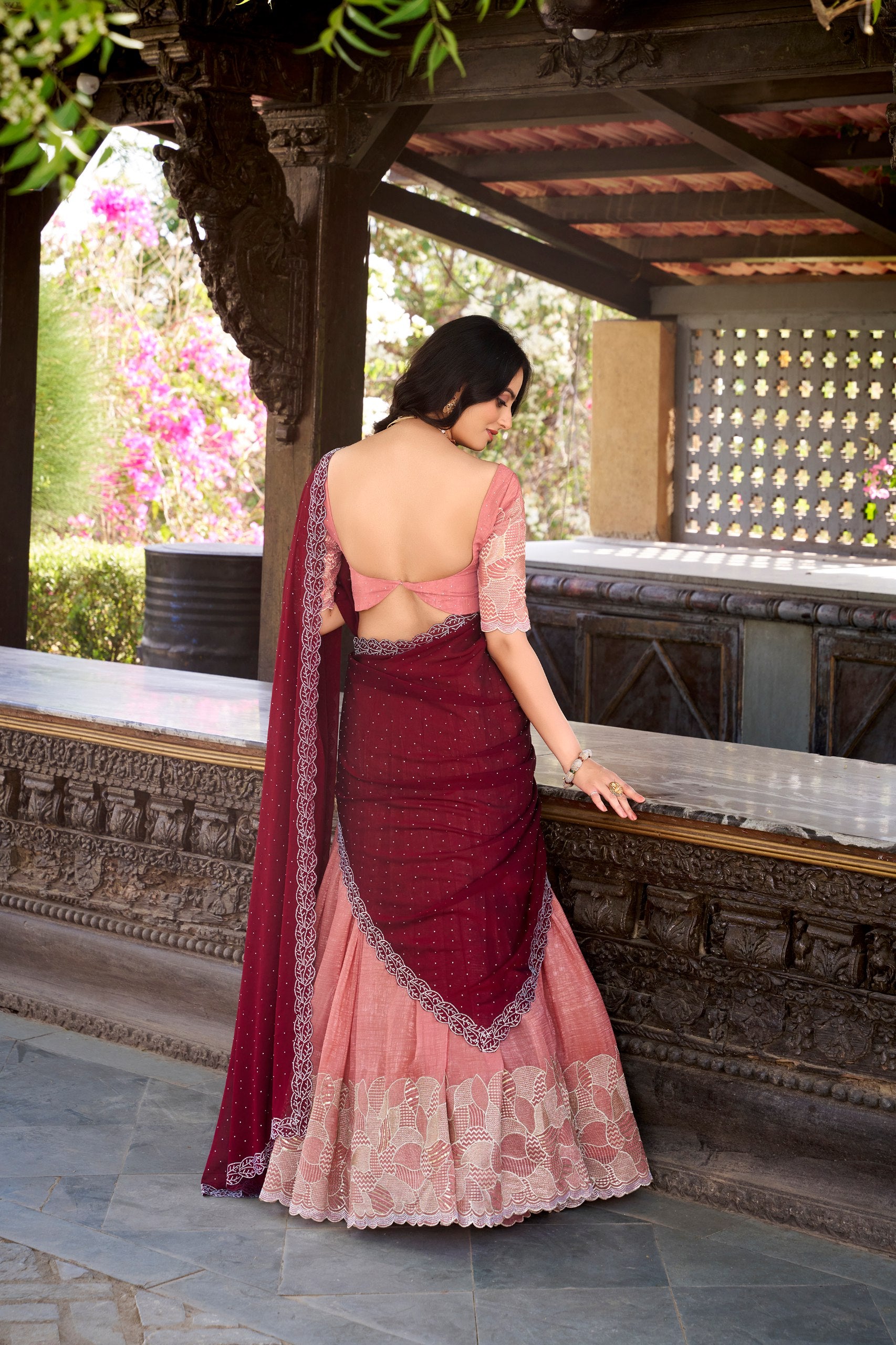 Elegant Peach Color Silver Glosy Sequins And Thread Embroidery Work With Hotfix Designer Lehenga Choli