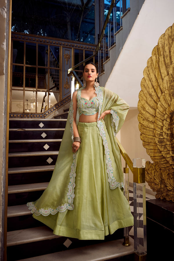 Luxuriant Green Color Gold Crush Lehenga With Sequins And Thread Embroidery With Jarkan Diamond Work Blouse