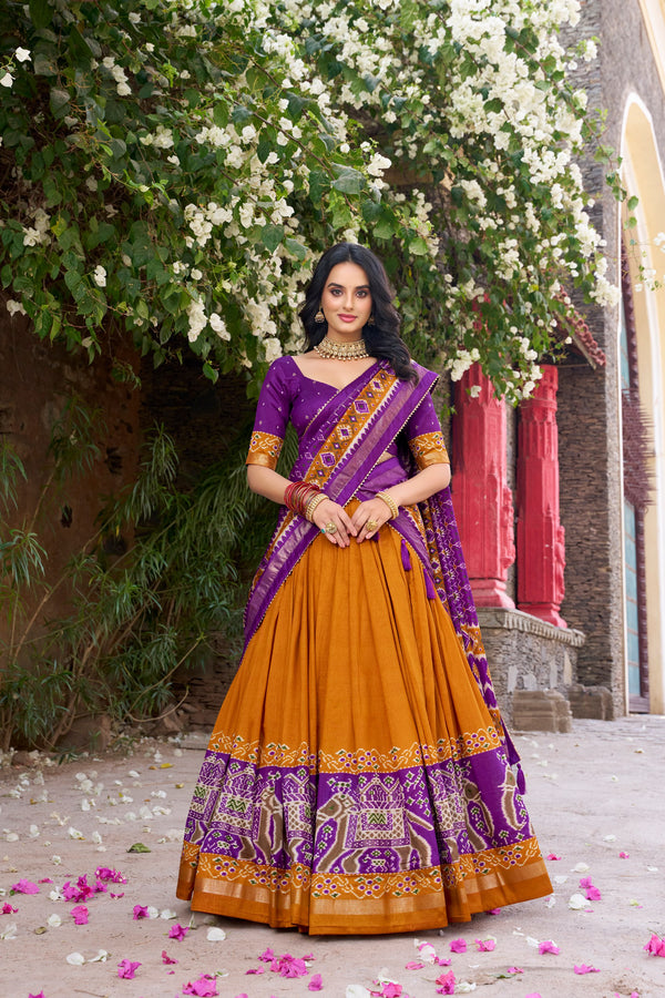 Traditional Wear Mustard Color Tussar Silk With Heavy Patola Printed Designer Lehenga Choli
