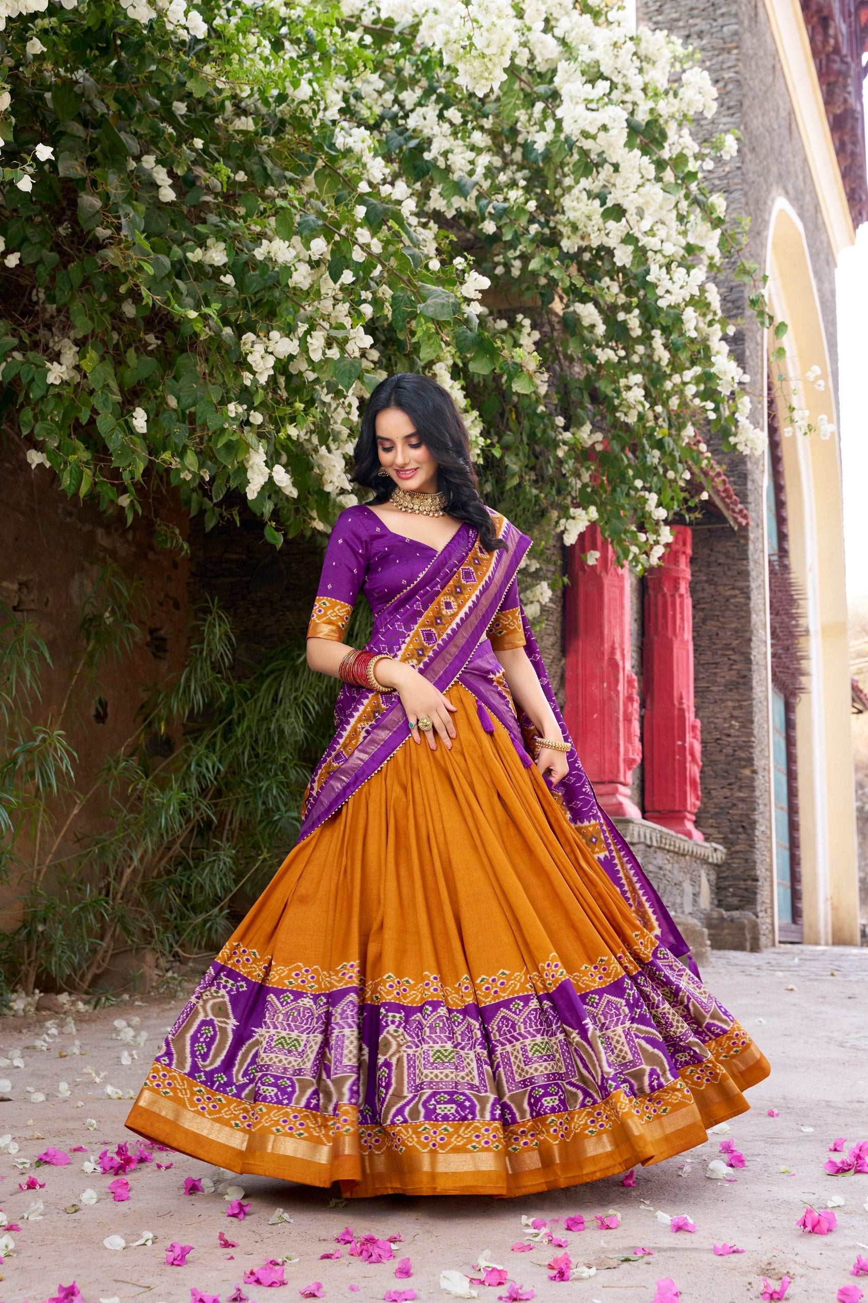 Traditional Wear Mustard Color Tussar Silk With Heavy Patola Printed Designer Lehenga Choli