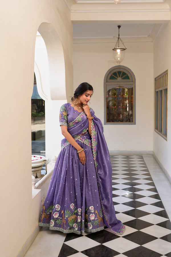 Classic Lavender Color Gold Crush With Sequins And Thread Embroidery Work Lehenga Choli