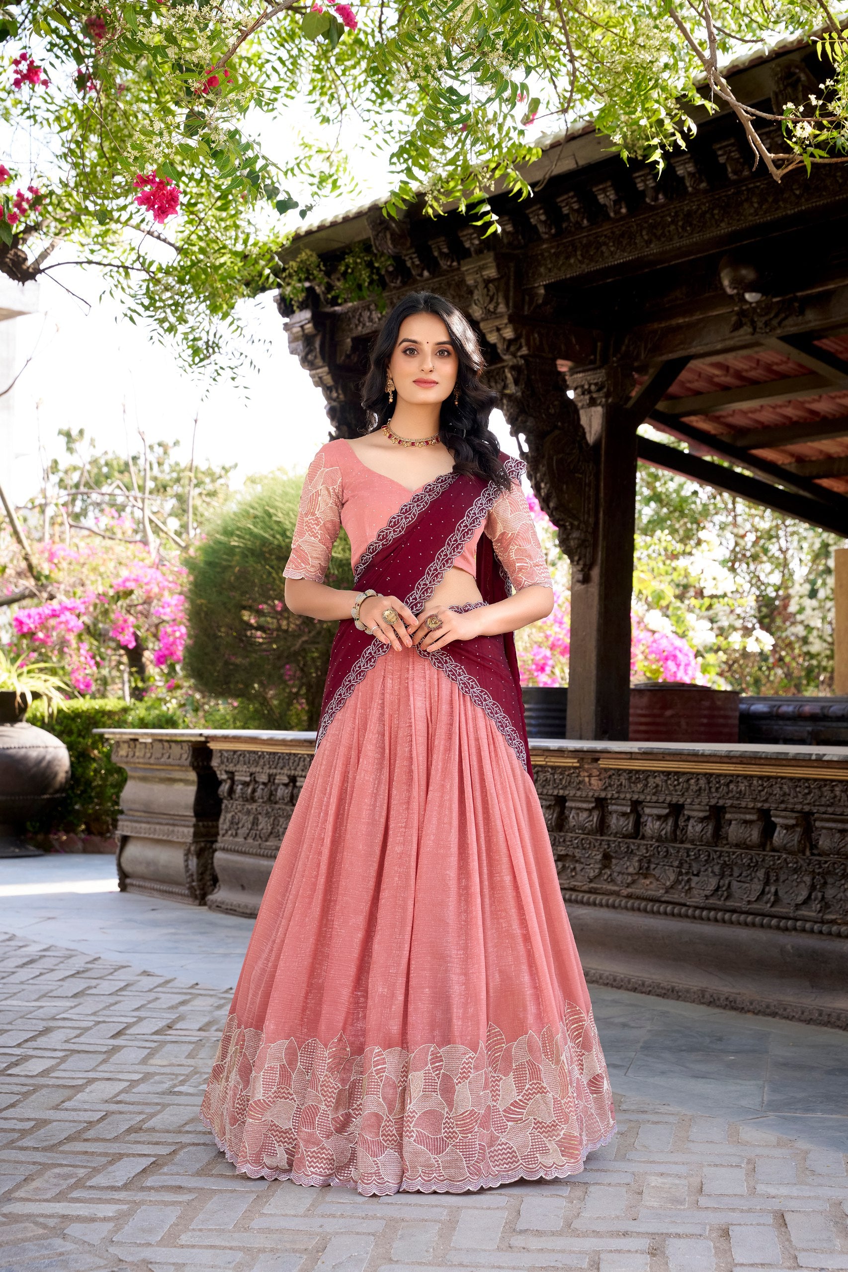 Elegant Peach Color Silver Glosy Sequins And Thread Embroidery Work With Hotfix Designer Lehenga Choli