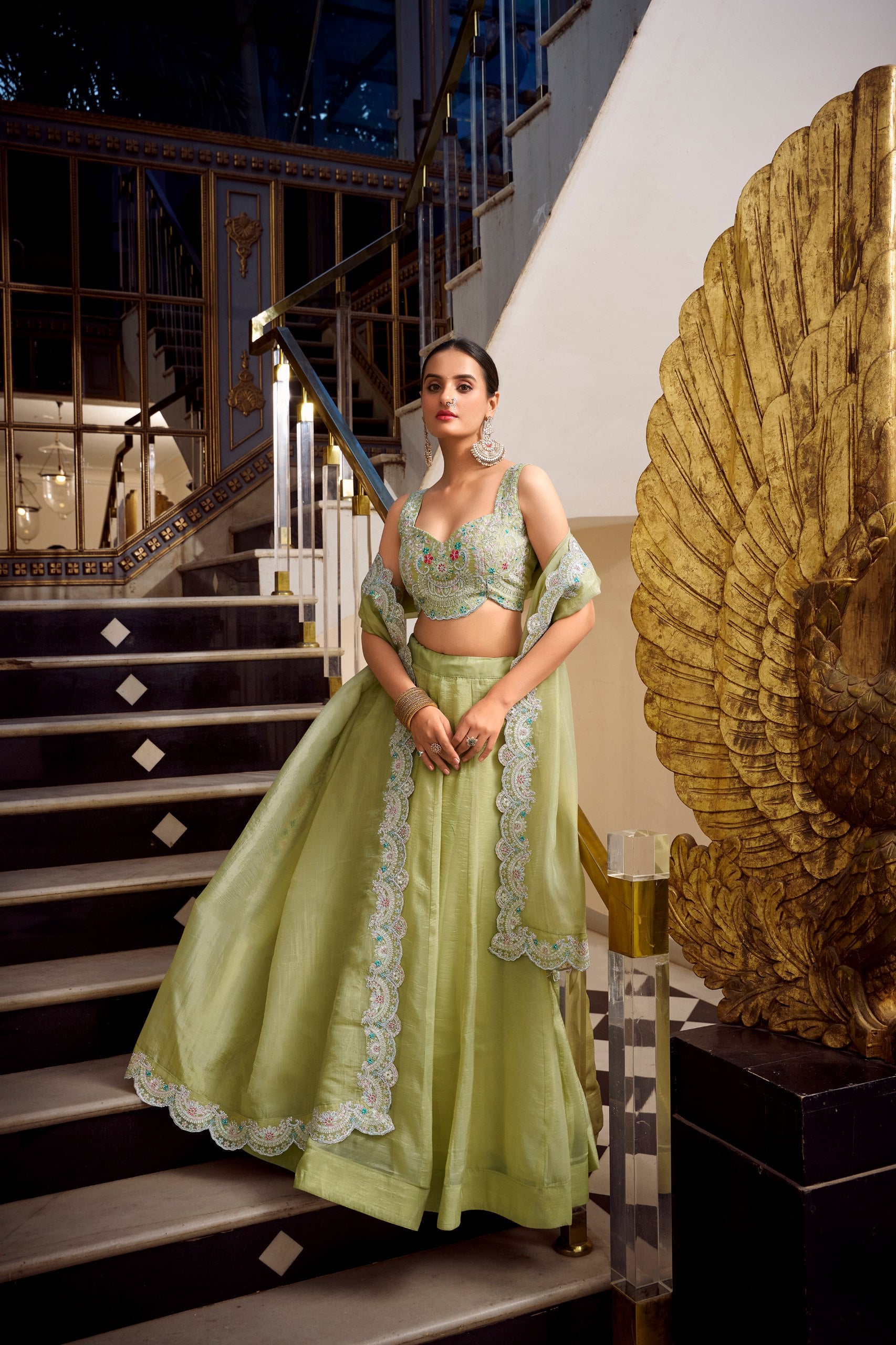 Luxuriant Green Color Gold Crush Lehenga With Sequins And Thread Embroidery With Jarkan Diamond Work Blouse