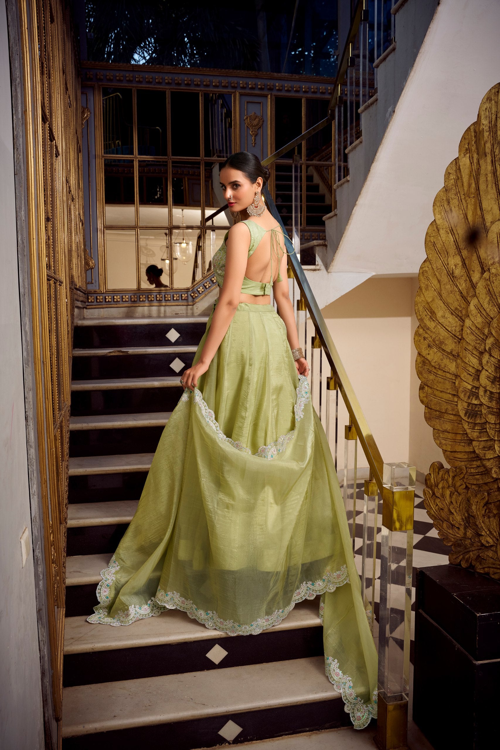 Luxuriant Green Color Gold Crush Lehenga With Sequins And Thread Embroidery With Jarkan Diamond Work Blouse