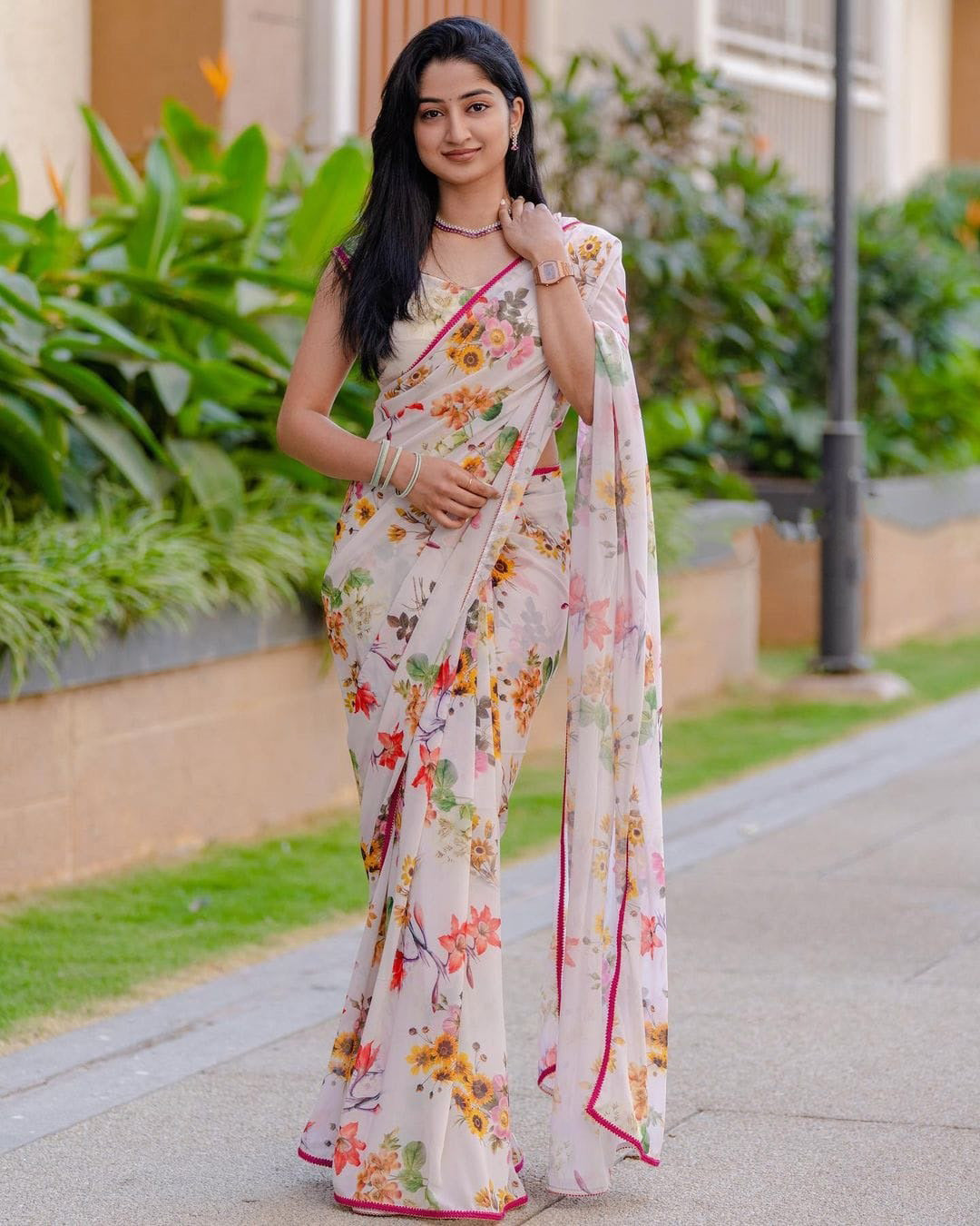 White Color Flower Printed Festive Wear Saree