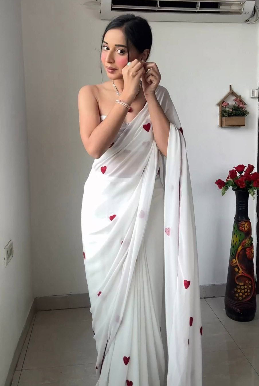 Sequence Heart Shape Work White Ready To Wear Saree