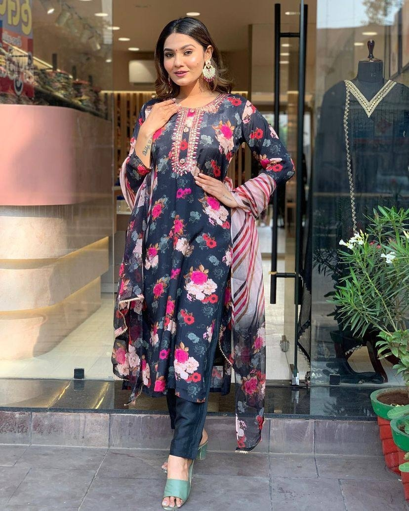 Precious Black Color Viscose Silk With Embroidery Work Beautiful Kurta Set