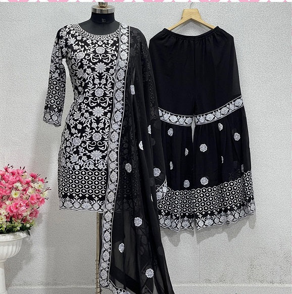 Opulent Black Color Embroidery Peral Work Sharara Suit