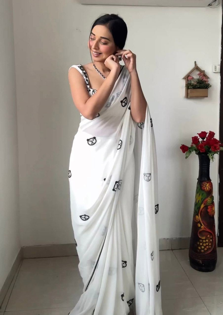 White Color Panda Design Ready To Wear Saree