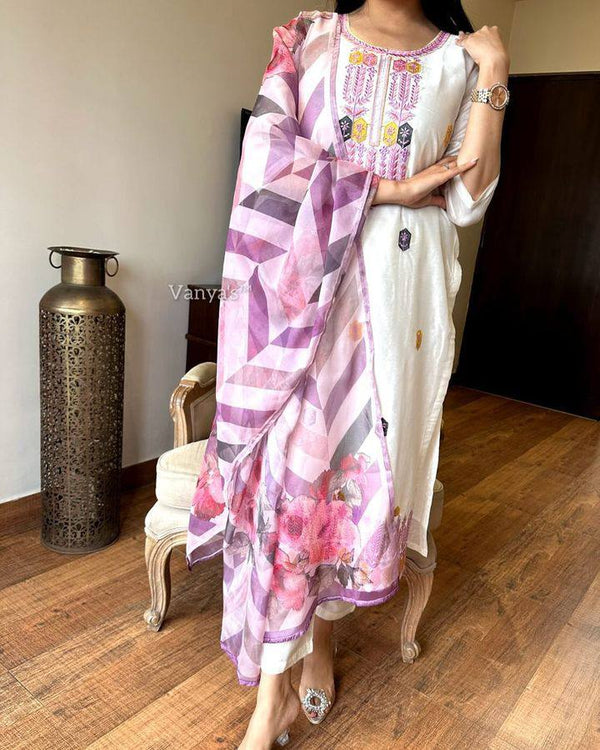 Captivating Off White Color Embroidered Work And Chanderi Silk Kurta Set With Printed Dupatta