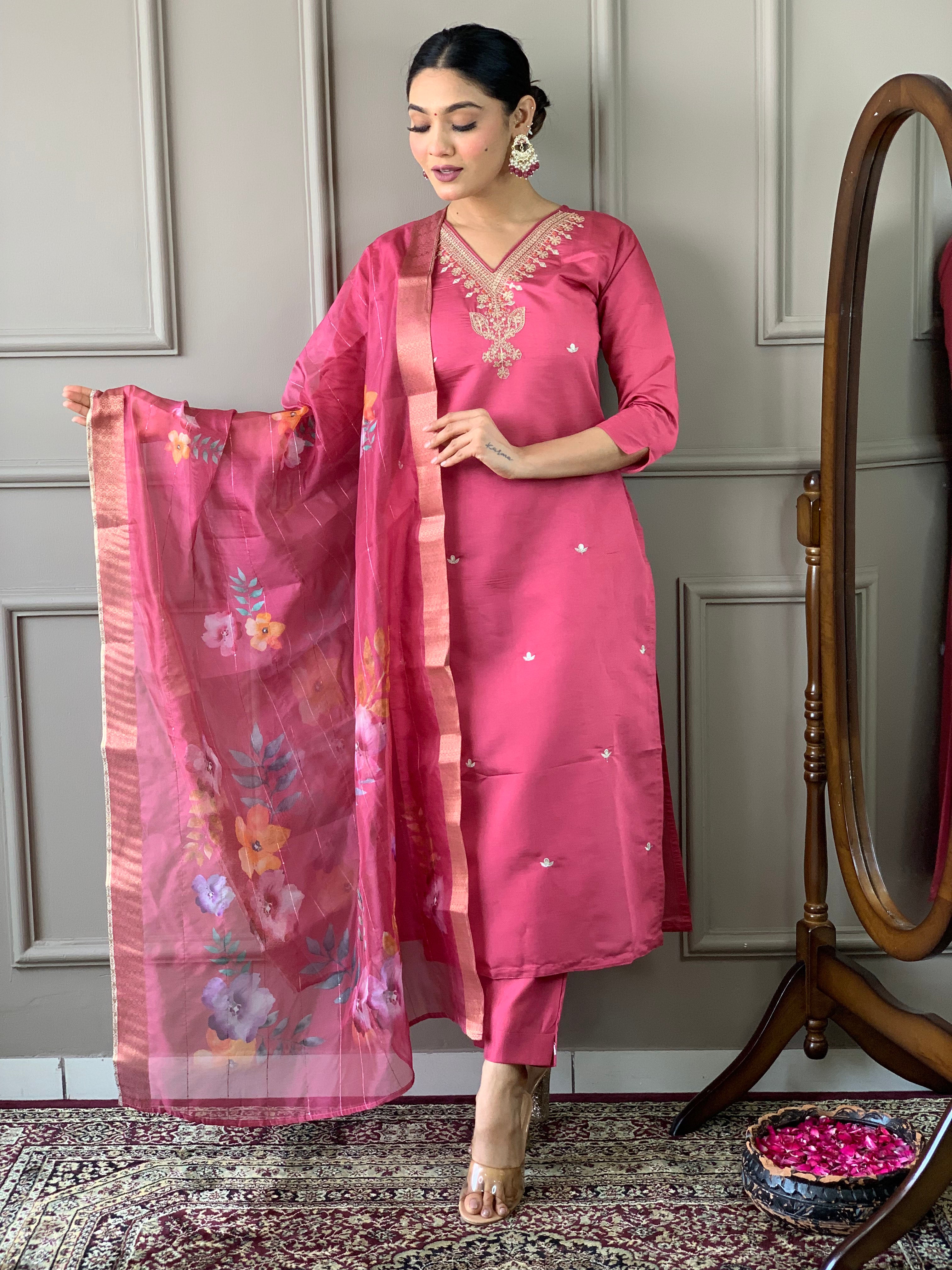 Alluring Pink Color Viscose Chanderi With Embroidery Work Designer Kurta Set