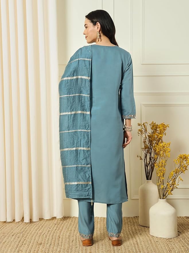 Mesmerizing Sky Color Chanderi Silk With Embroidery Work Kurta Set