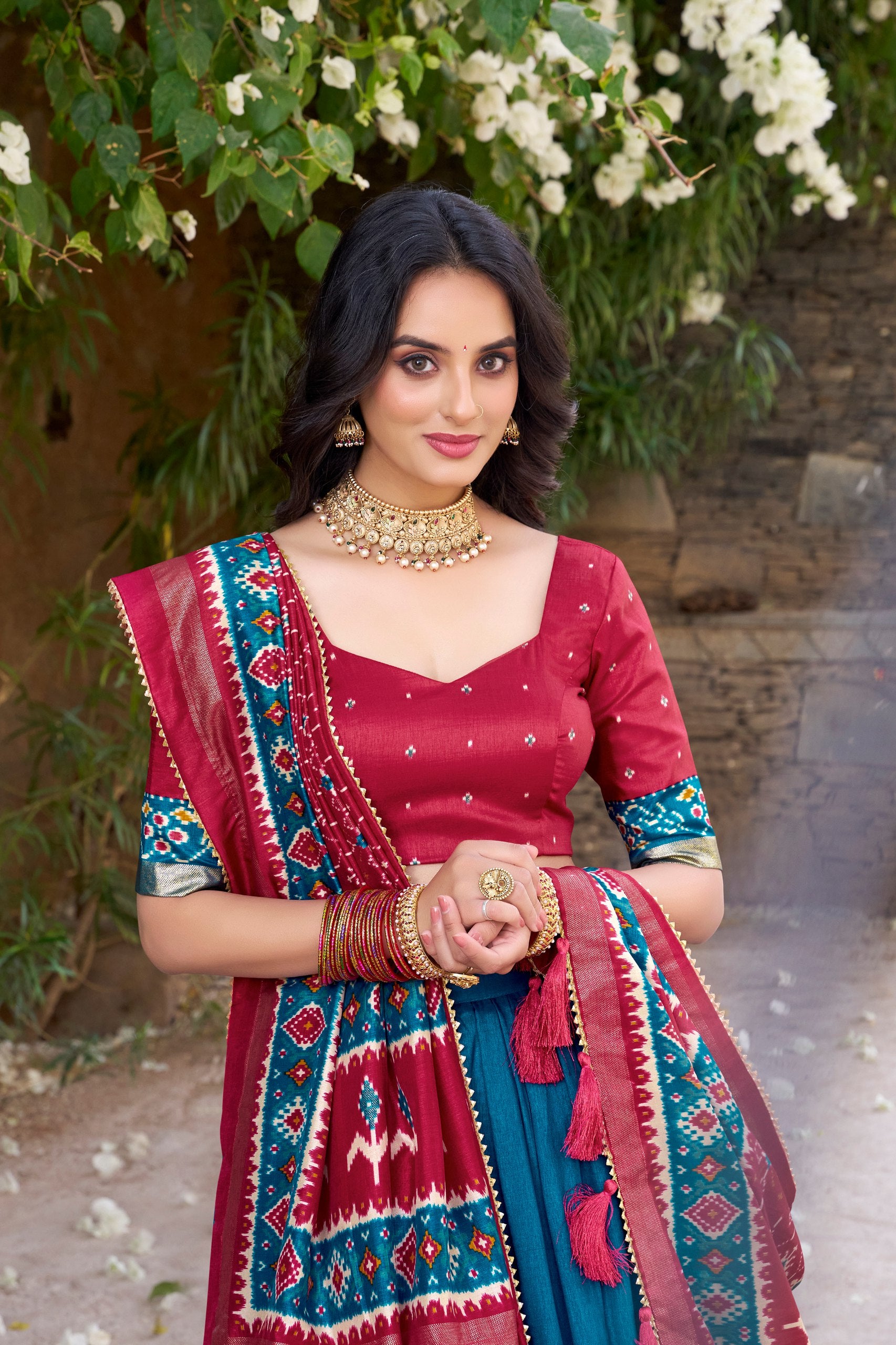 Traditional Wear Teal Color Tussar Silk With Heavy Patola Printed Designer Lehenga Choli