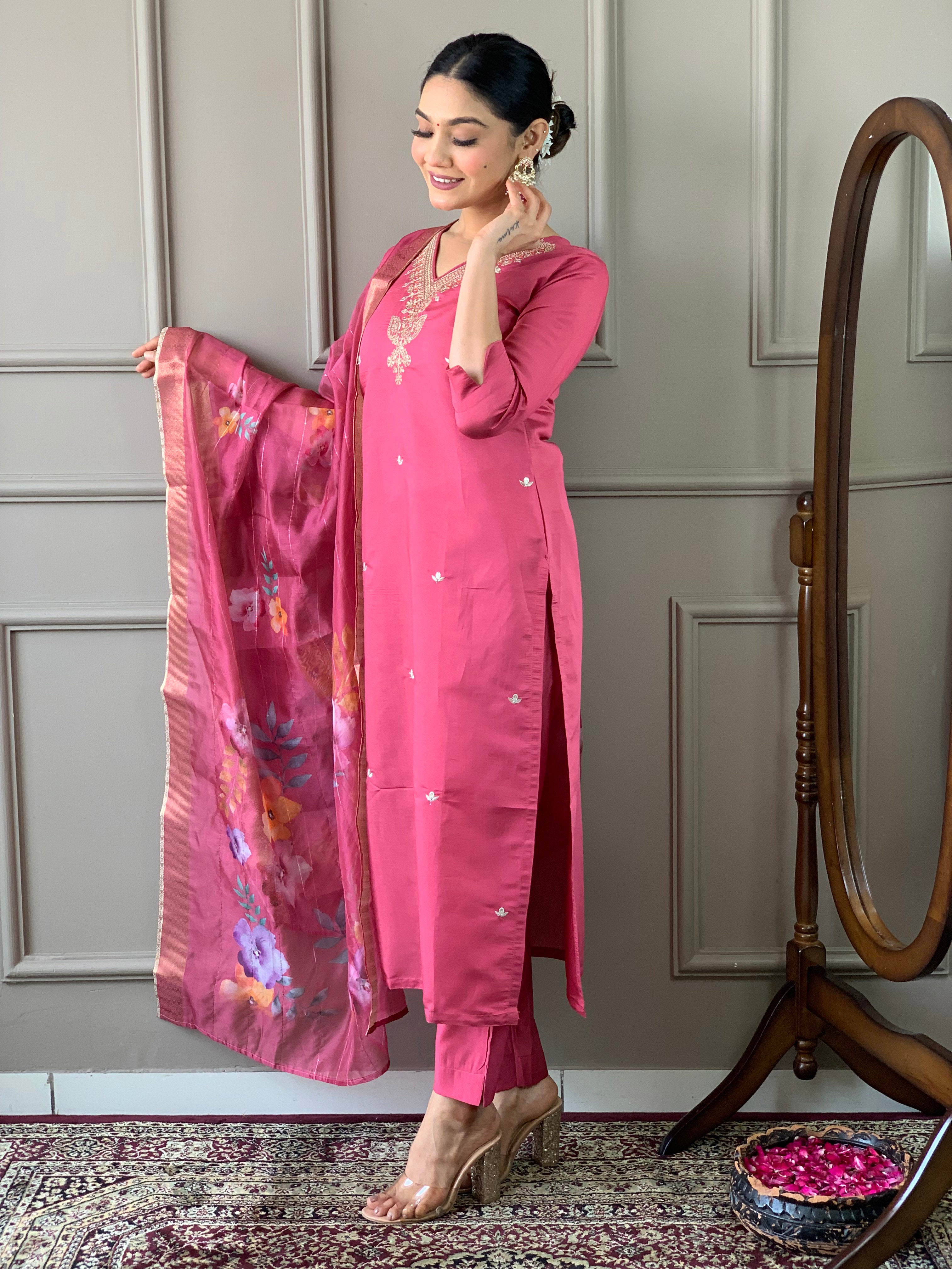 Alluring Pink Color Viscose Chanderi With Embroidery Work Designer Kurta Set