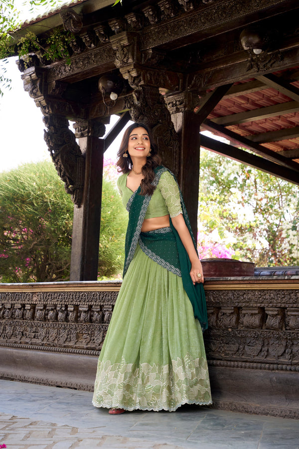 Elegant Green Color Silver Glosy Sequins And Thread Embroidery Work With Hotfix Designer Lehenga Choli