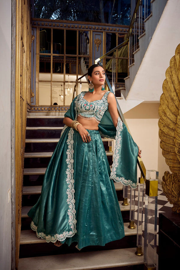 Luxuriant Teal Color Gold Crush Lehenga With Sequins And Thread Embroidery With Jarkan Diamond Work Blouse