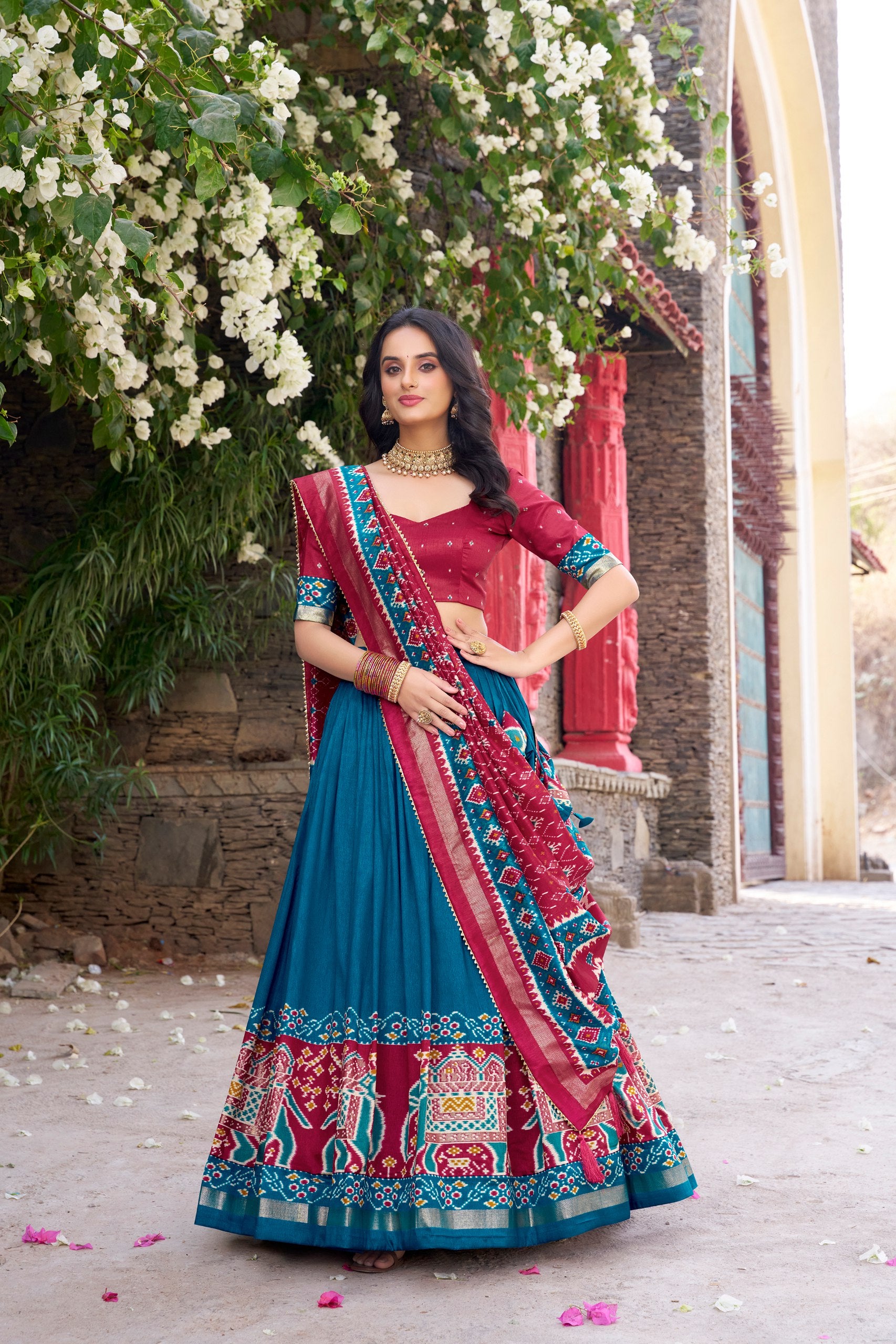 Traditional Wear Teal Color Tussar Silk With Heavy Patola Printed Designer Lehenga Choli