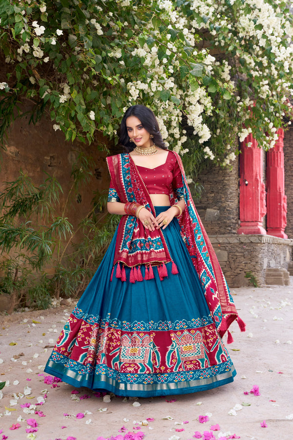 Traditional Wear Teal Color Tussar Silk With Heavy Patola Printed Designer Lehenga Choli