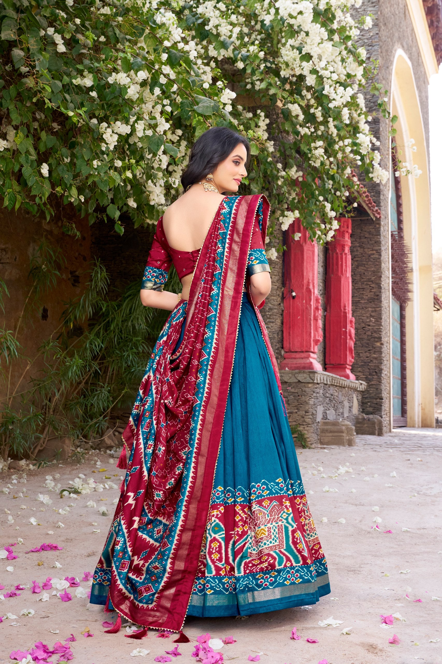 Traditional Wear Teal Color Tussar Silk With Heavy Patola Printed Designer Lehenga Choli