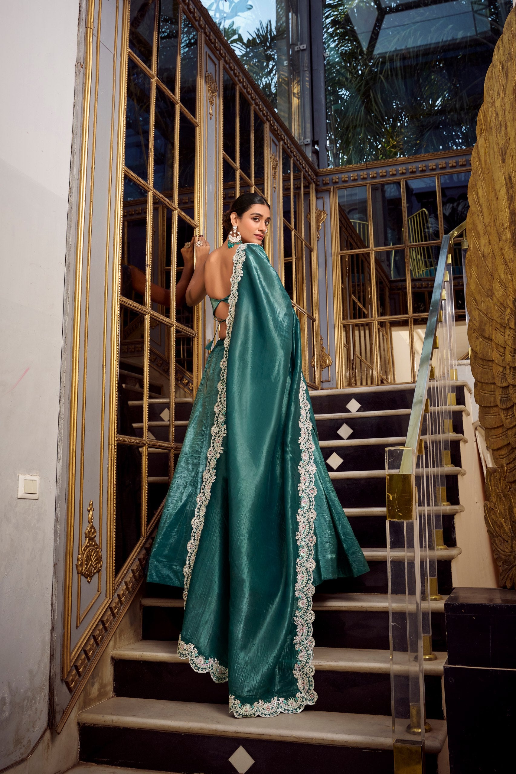 Luxuriant Teal Color Gold Crush Lehenga With Sequins And Thread Embroidery With Jarkan Diamond Work Blouse