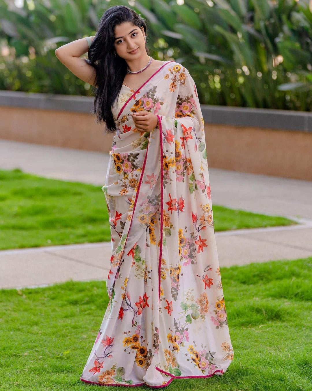 White Color Flower Printed Festive Wear Saree