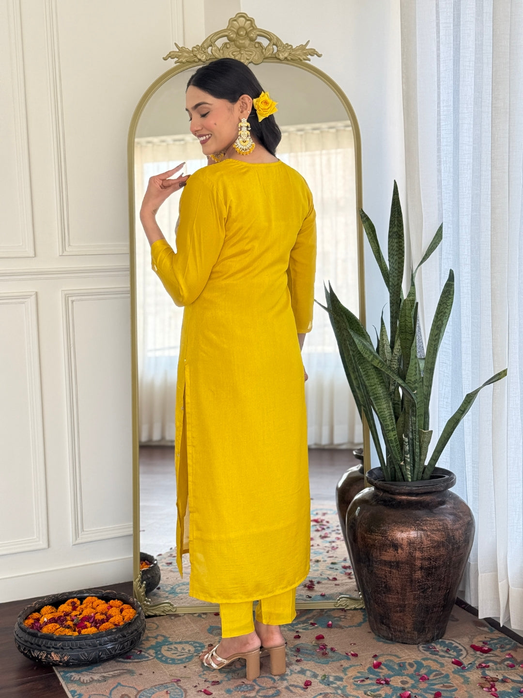 Festive Wear Yellow Color Vichitra With Embroidery Work 3 Piece Kurta Set