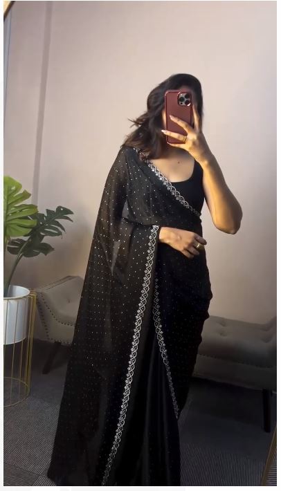 Swarovski Diamond Work Black Color Delightful Saree