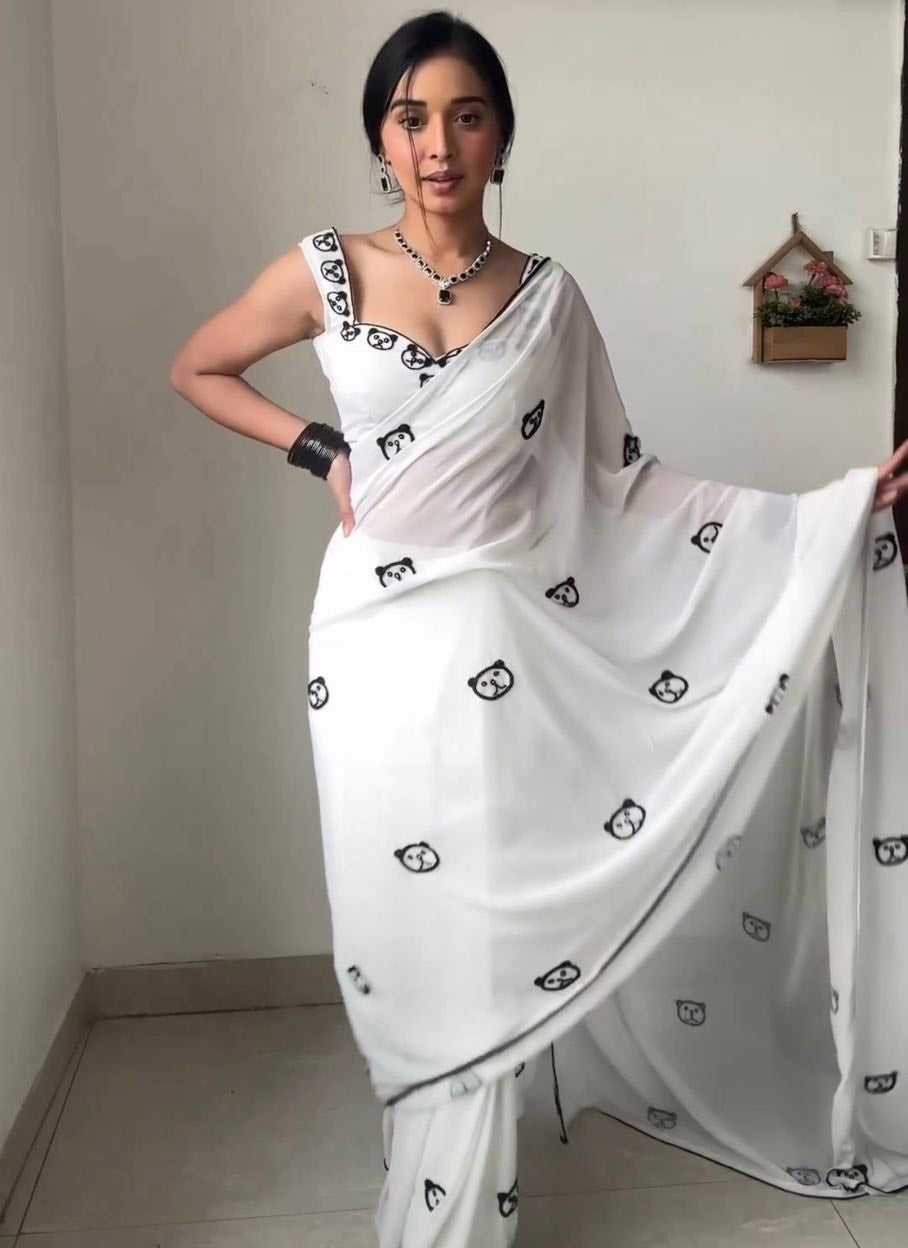 White Color Panda Design Ready To Wear Saree