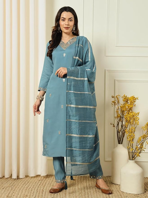 Mesmerizing Sky Color Chanderi Silk With Embroidery Work Kurta Set