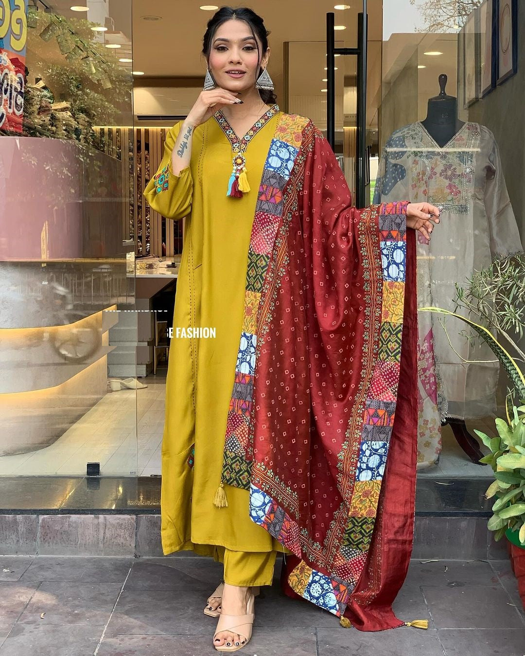 Casual Wear Mustard Color Chanderi Viscose With Embroidery Work Kurta Set
