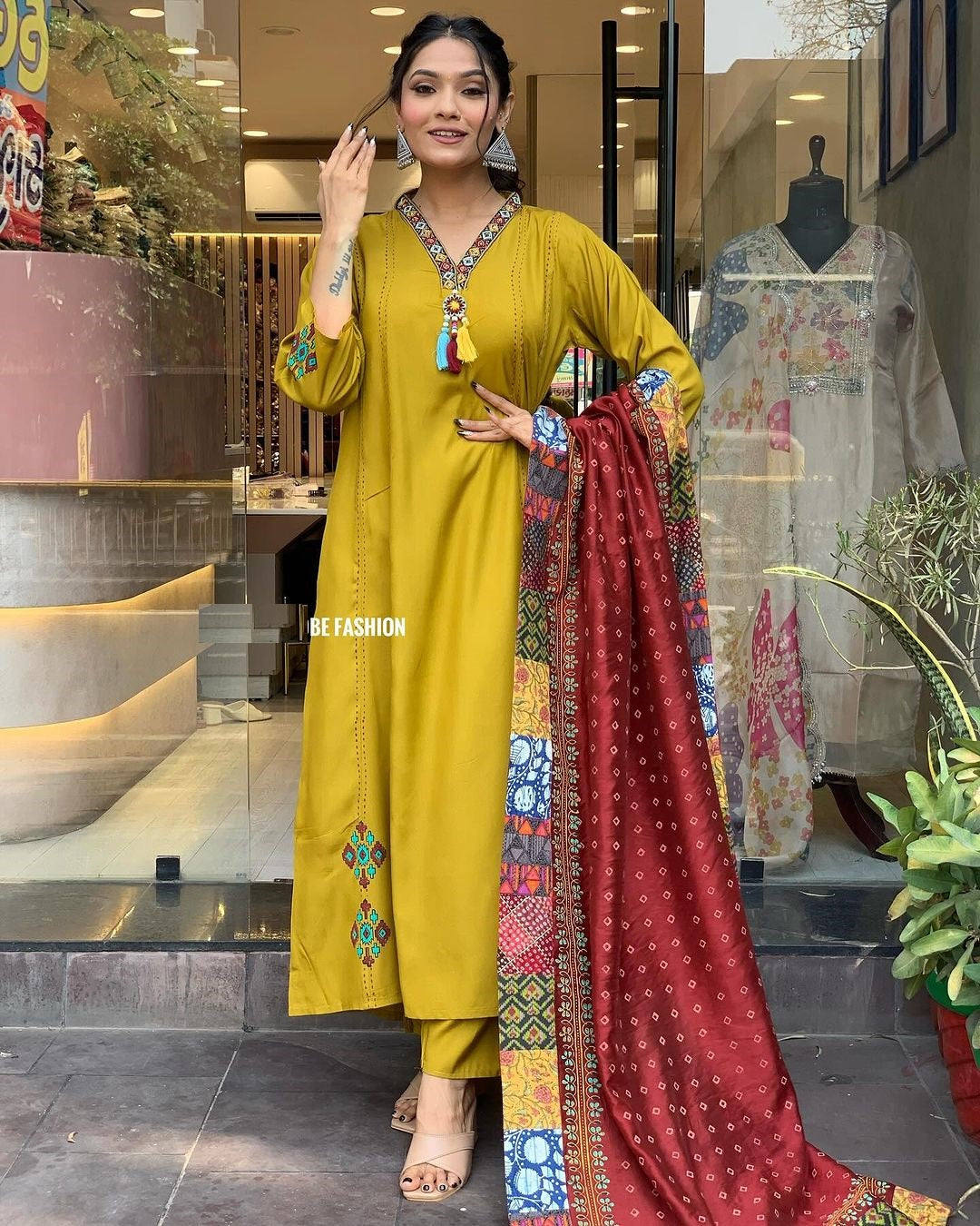 Casual Wear Mustard Color Chanderi Viscose With Embroidery Work Kurta Set