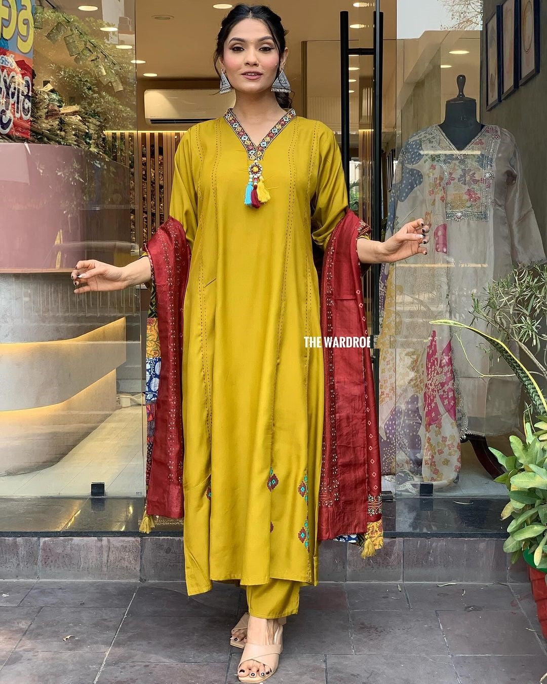 Casual Wear Mustard Color Chanderi Viscose With Embroidery Work Kurta Set